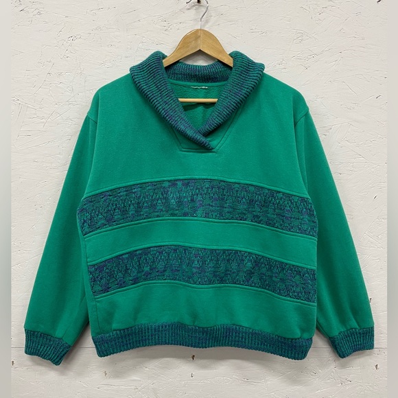 Vintage 1980s Collared Pullover Sweater with Knitted Stripes, Fits M/L, Cropped - Picture 7 of 7
